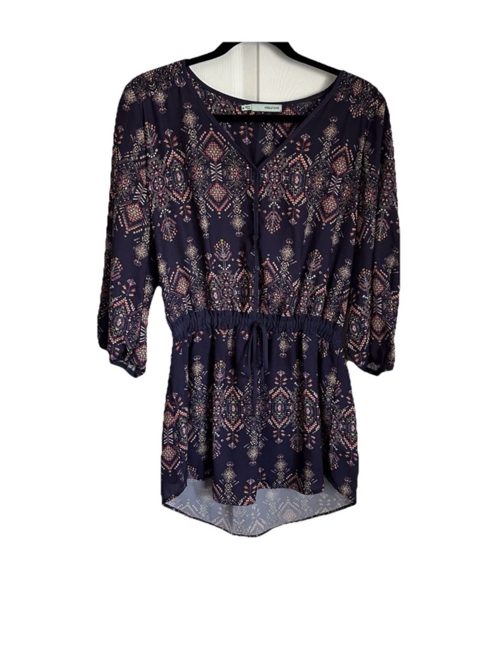 Maurices Womens M Navy Aztec Smocked Gathered Waist V-neck Tunic Boho Festival